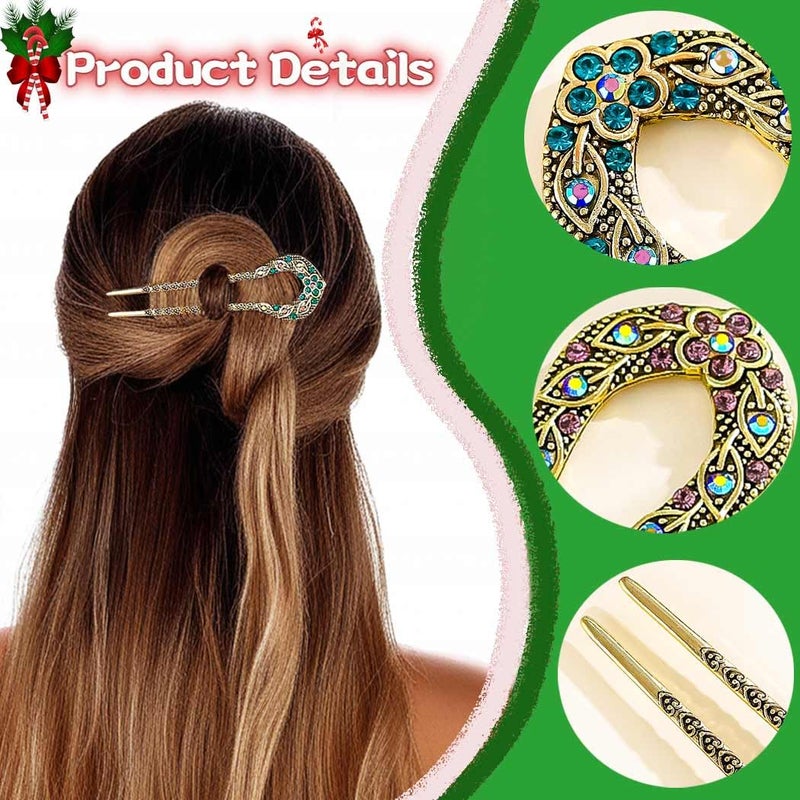 Outyua 2PCS French Hair Pin for Women Vintage French Twist Hair Pin with Rhinestone Crystal Metal U Shaped Hair Fork Chignon Hairpin - Image 3